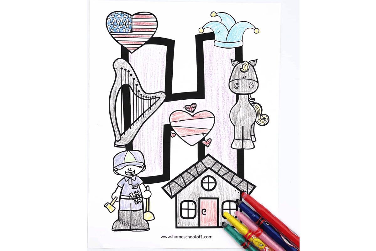 Free letter H coloring page featuring a large uppercase H with illustrations of a horse, house, harp, hearts, handyperson, and a hat, colored with crayons.