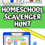 Homeschool scavenger hunt activity sheet with vibrant drawings of supplies like rulers, erasers, and sharpeners.