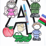 Completed letter a coloring page featuring a uppercase letter A surrounded by items beginning with A, such as alligator, astronaut, apple, angel and acorn. The words free letter a coloring page are underneath in bold colorful letters.