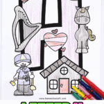 Printable letter H coloring sheet for preschool and kindergarten. Kids can color a big uppercase H along with a horse, house, harp, hearts, handyperson, and a hat.