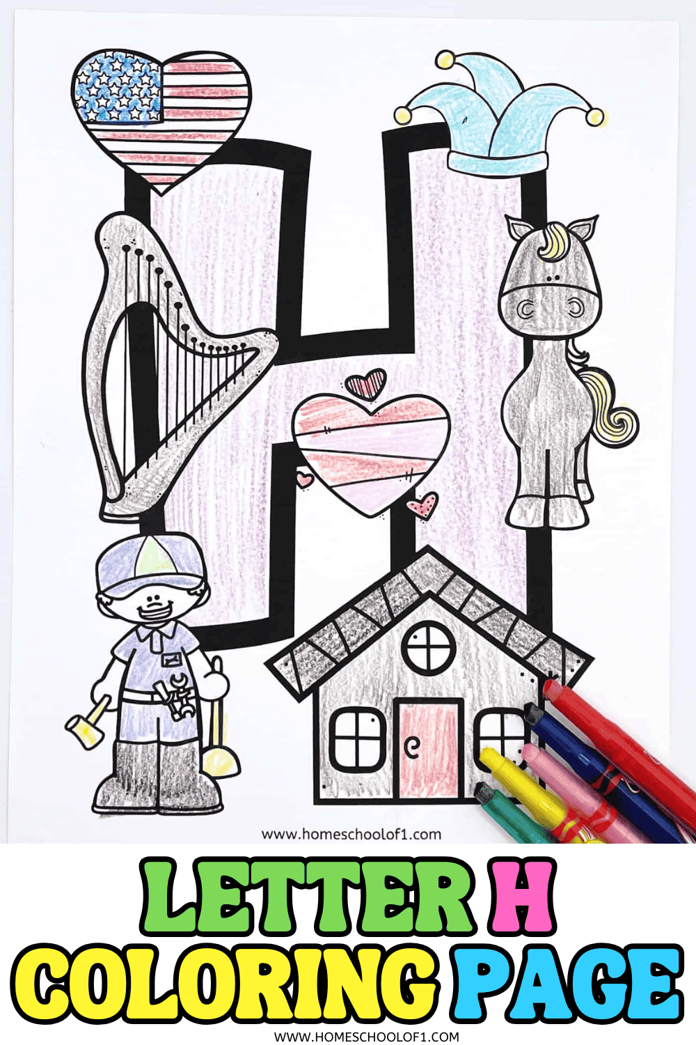Printable letter H coloring sheet for preschool and kindergarten. Kids can color a big uppercase H along with a horse, house, harp, hearts, handyperson, and a hat.