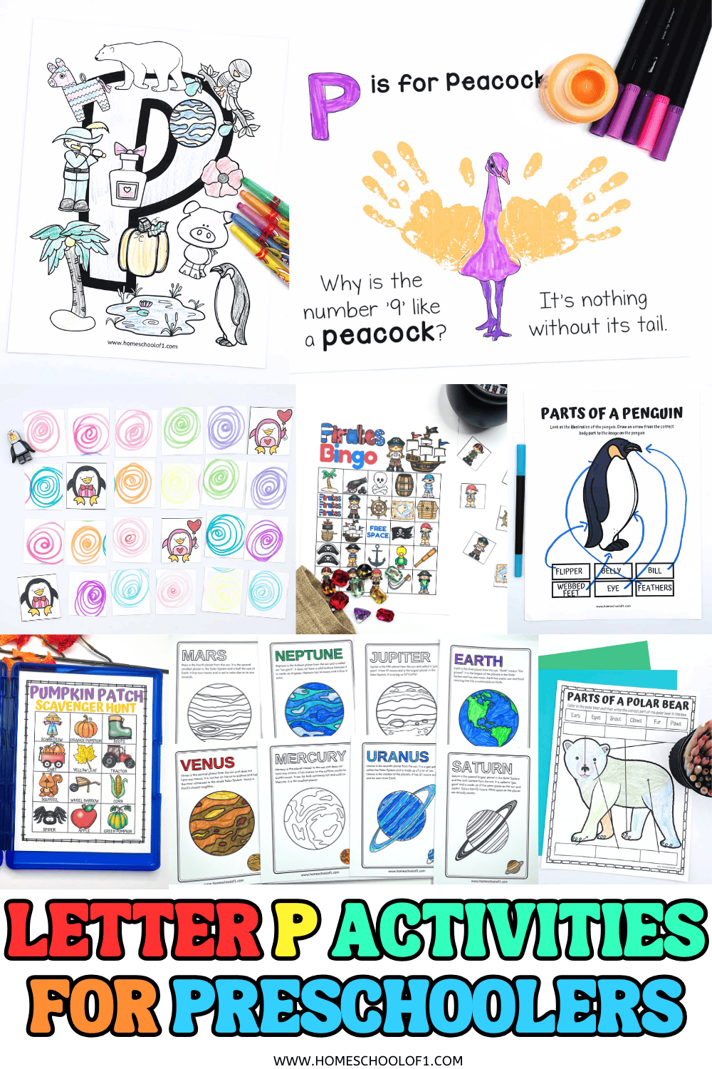 Free letter P activities for preschoolers including coloring pages, penguin worksheets, pirate bingo, pumpkin scavenger hunts, planet printables, and polar bear crafts.