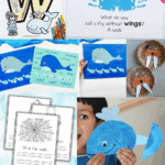 A collage of preschool letter W activities including whale crafts, walrus paper plates, handprint art, tracing worksheets, and a spider web coloring page.