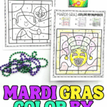 Mardi Gras color by number worksheets with masks and a jester, plus crayons and beads for kidsโ coloring fun