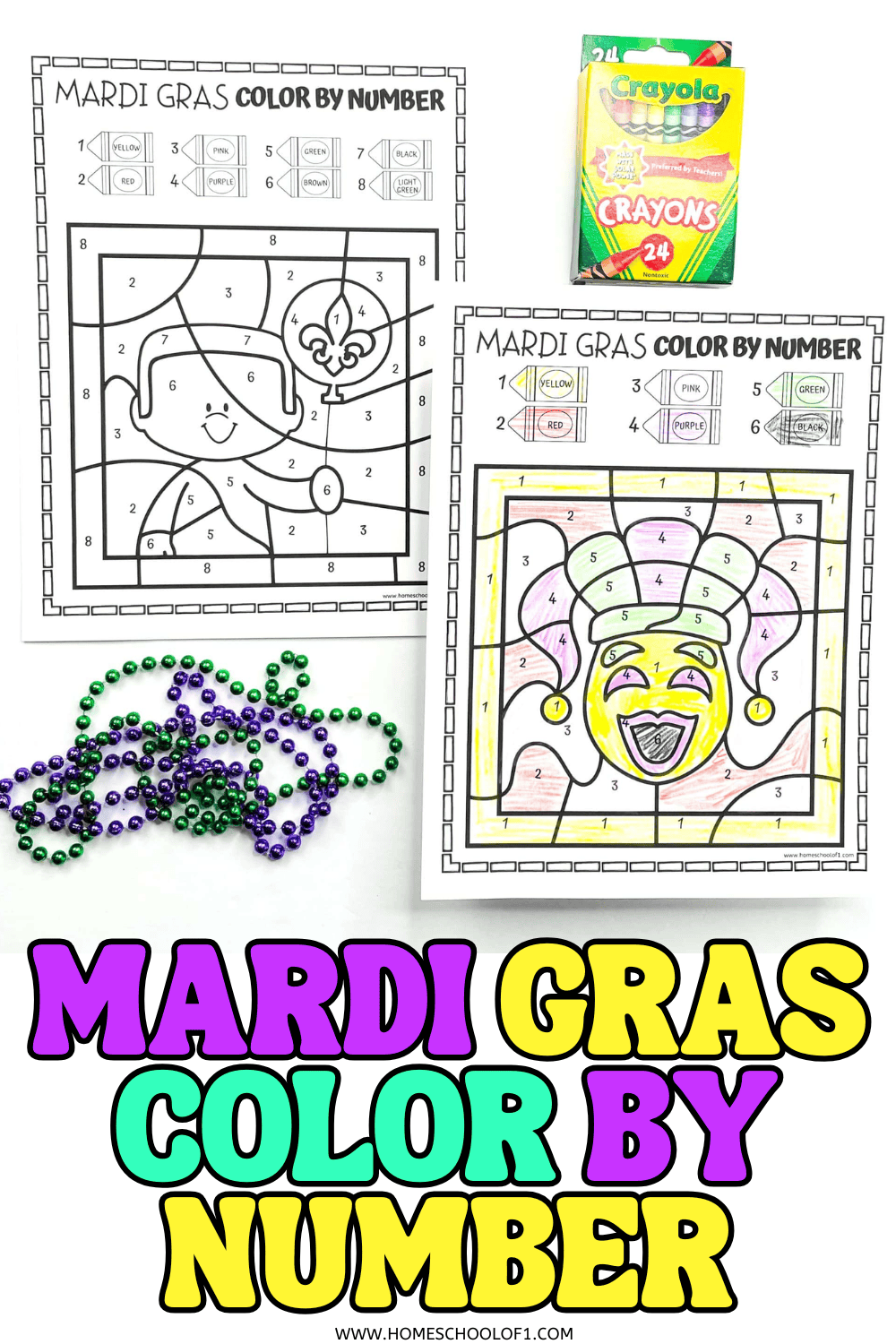 Mardi Gras color by number worksheets with masks and a jester, plus crayons and beads for kidsโ coloring fun