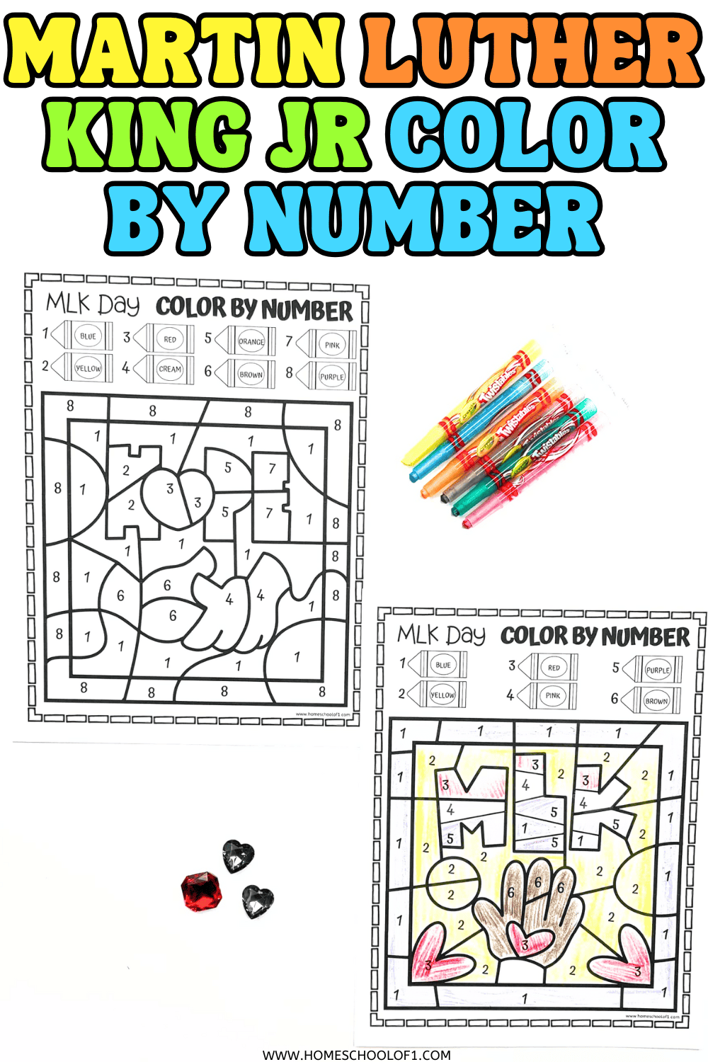 Three MLK Day color by number worksheets, including pages showing the word HOPE, hands with hearts, and a simple portrait design. Markers are placed beside the sheets.