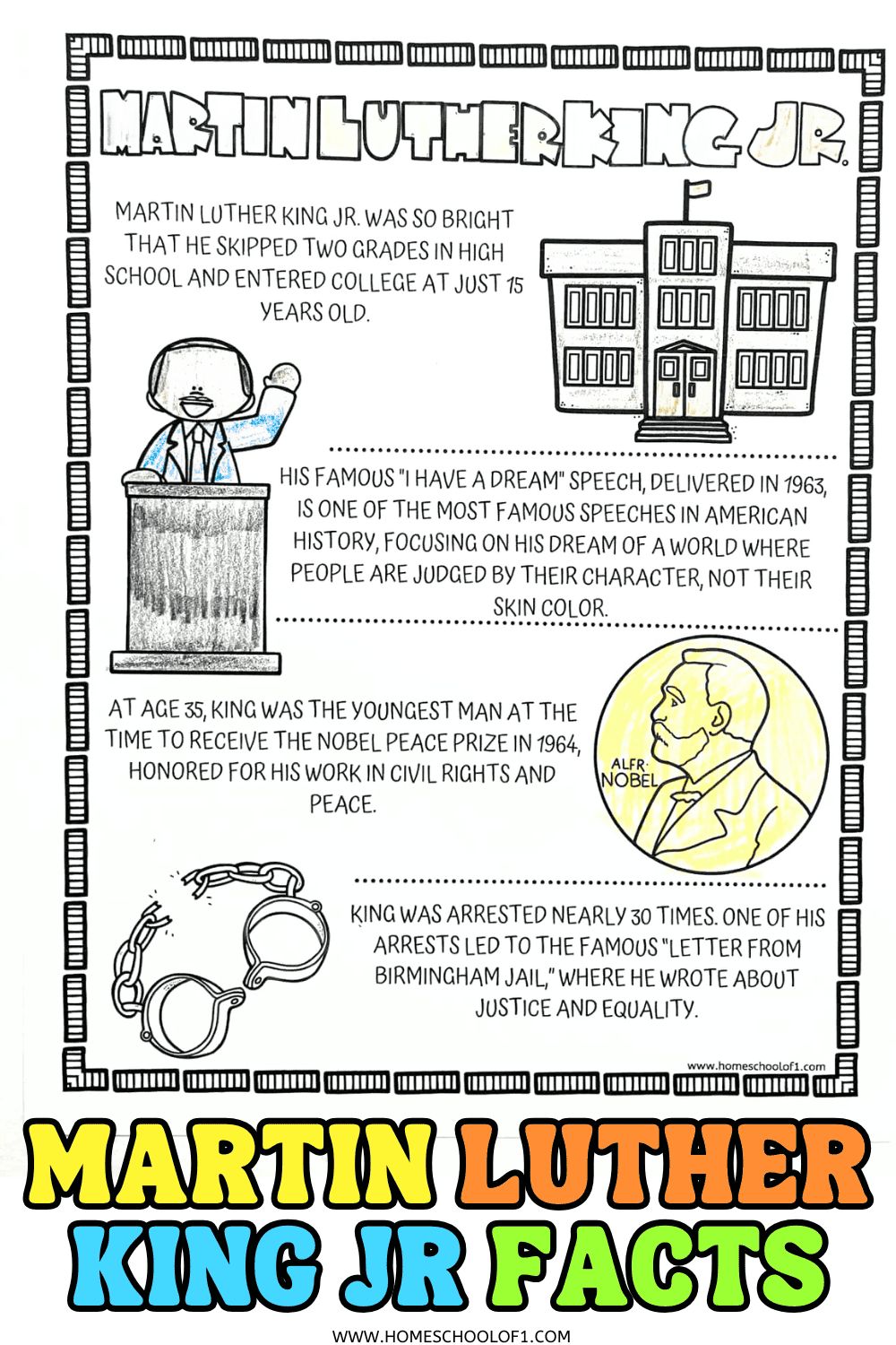 Hand-colored Martin Luther King Jr. facts worksheet for kids featuring four illustrated facts about his early college entrance, โI Have a Dreamโ speech, Nobel Peace Prize, and Letter from Birmingham Jail.