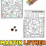 MLK Day color by number worksheets showing hands releasing a dove and a globe with hands beneath it. Includes completed and uncolored pages with the color key at the top.