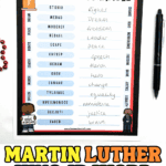 Completed Martin Luther King Jr. word scramble worksheet with the correct answers written in, including rights, dream, freedom, leader, peace, and justice.