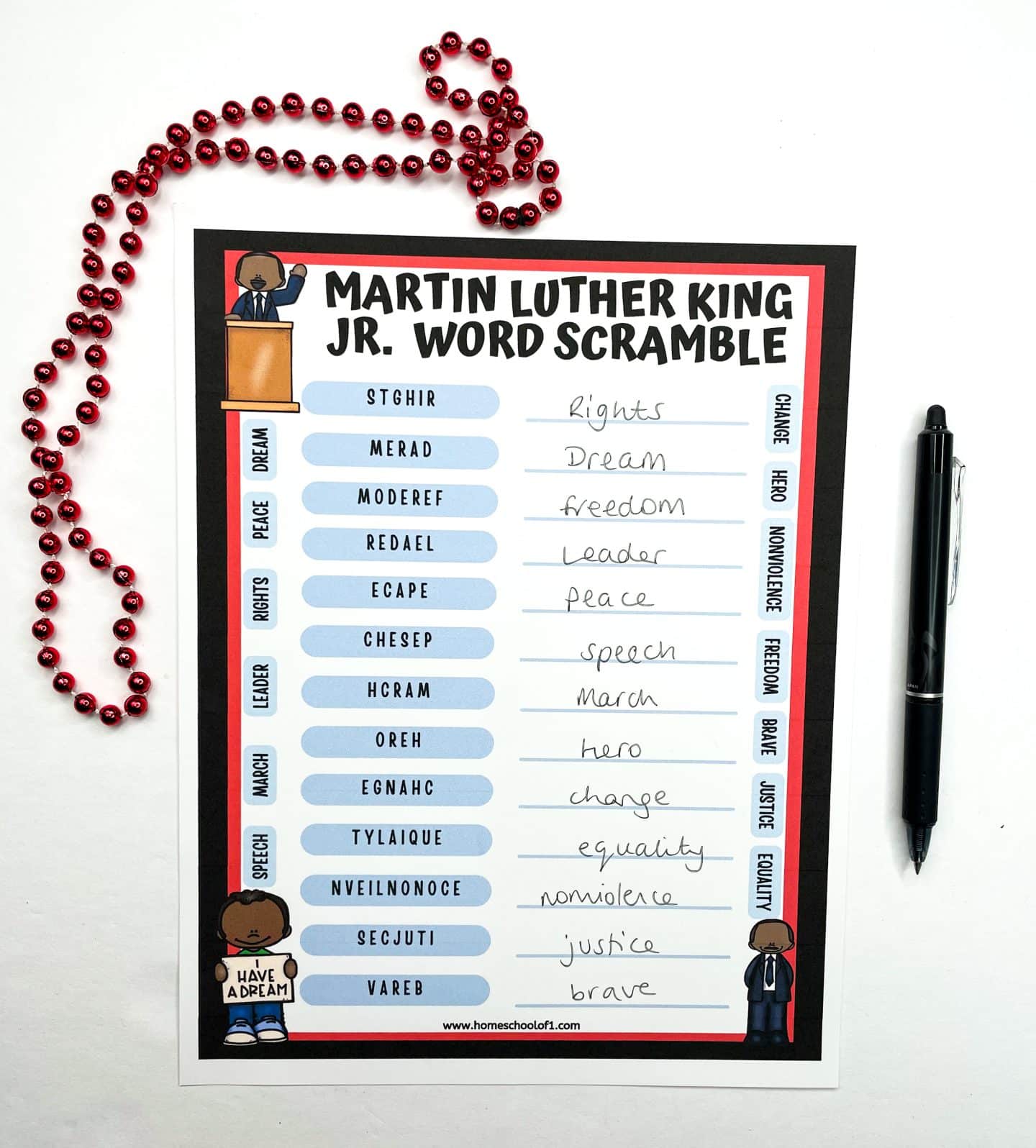 martin luther king jr word scramble answers