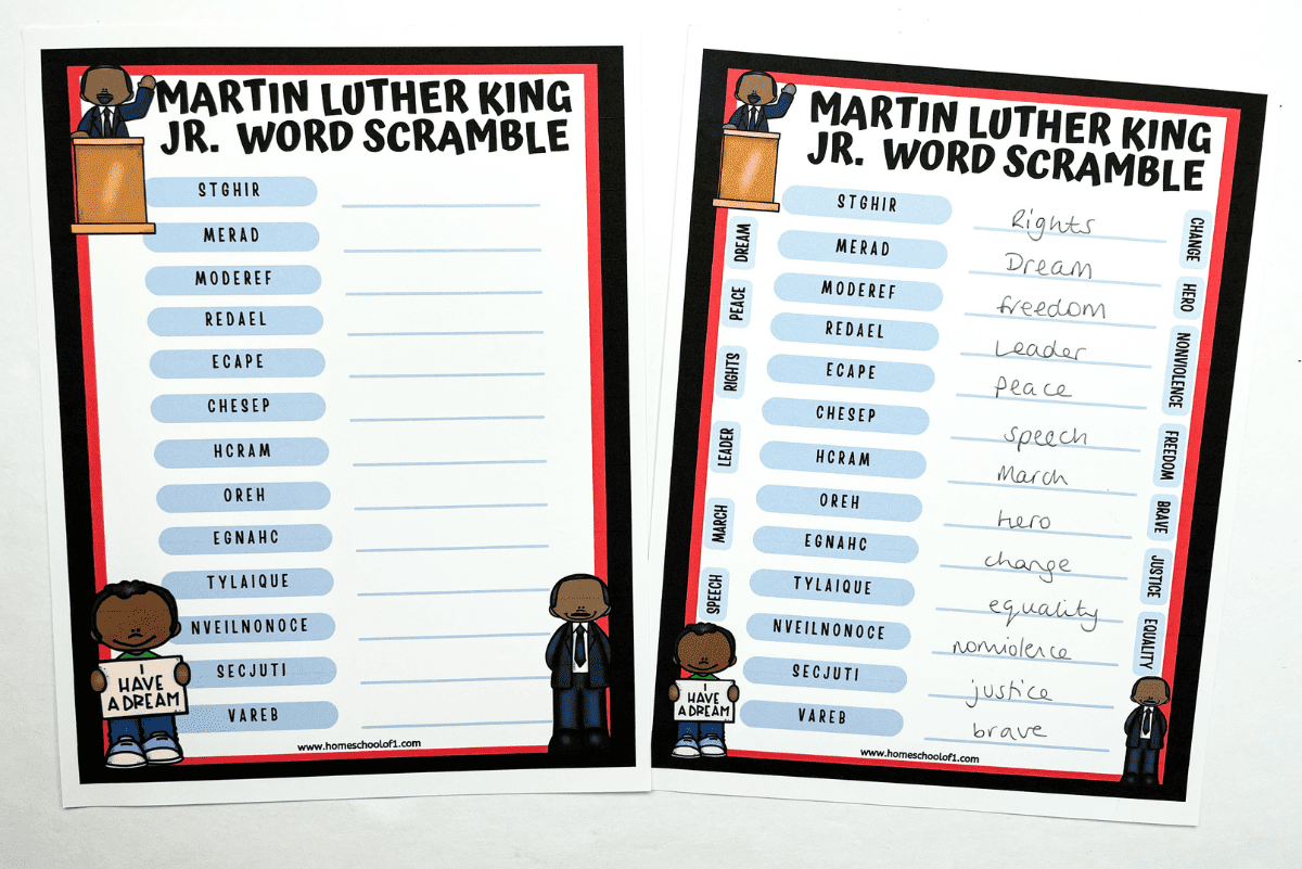 martin luther king word scramble printable