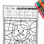 MLK Day color by number worksheet showing a simple cartoon portrait of Martin Luther King Jr., with numbered coloring sections and a color key using brown, yellow, red, cream, orange, grey, and green crayons.