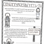 Hand-colored Martin Luther King Jr. facts worksheet for kids showing four simple kid-friendly facts with cartoon illustrations of Dr. King, Coretta Scott King, a street sign, and a holiday reference.