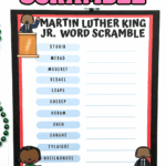 Free MLK word scramble worksheet showing 13 scrambled vocabulary words related to Martin Luther King Jr., with kid-friendly illustrations and space to write answers.