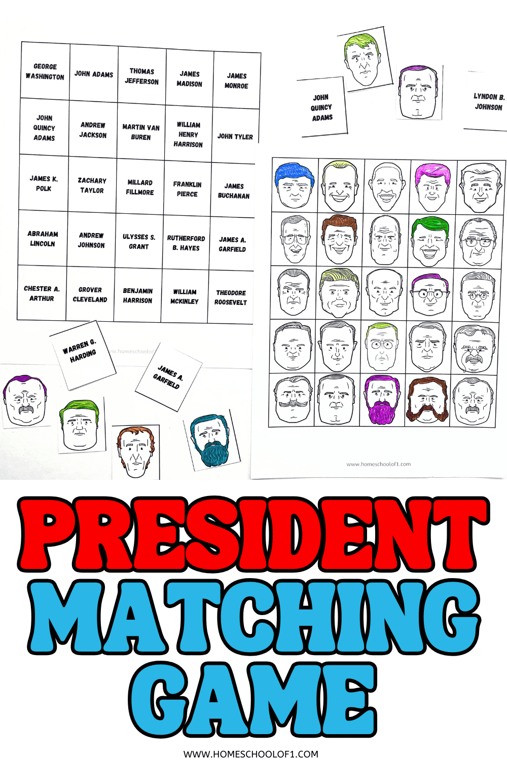 Printable president matching game with illustrated portraits of U.S. presidents and name cards for a memory-style activity.