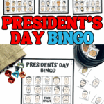 Free printable Presidents Day bingo game featuring illustrated portraits of U.S. presidents, bingo boards, and a calling card for classroom or homeschool use.