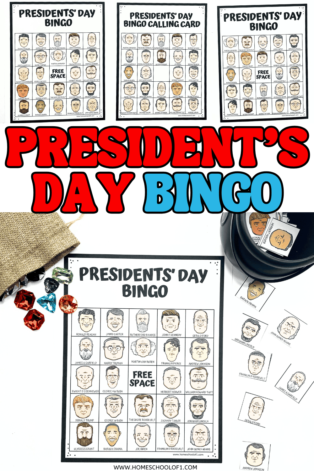 Free printable Presidents Day bingo game featuring illustrated portraits of U.S. presidents, bingo boards, and a calling card for classroom or homeschool use.