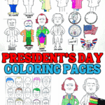 Presidents Day coloring pages featuring cartoon-style drawings of U.S. presidents, including George Washington, John Adams, Theodore Roosevelt, William Taft, Bill Clinton, and George W. Bush, plus patriotic symbols like the American flag, coins, and a vote sign.