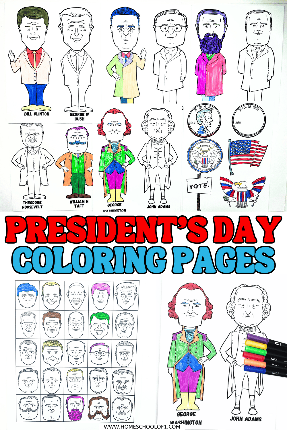Presidents Day coloring pages featuring cartoon-style drawings of U.S. presidents, including George Washington, John Adams, Theodore Roosevelt, William Taft, Bill Clinton, and George W. Bush, plus patriotic symbols like the American flag, coins, and a vote sign.