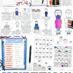 A collection of Presidents Day printable activities, including writing prompts, word scrambles, coloring pages, and matching games for kids.