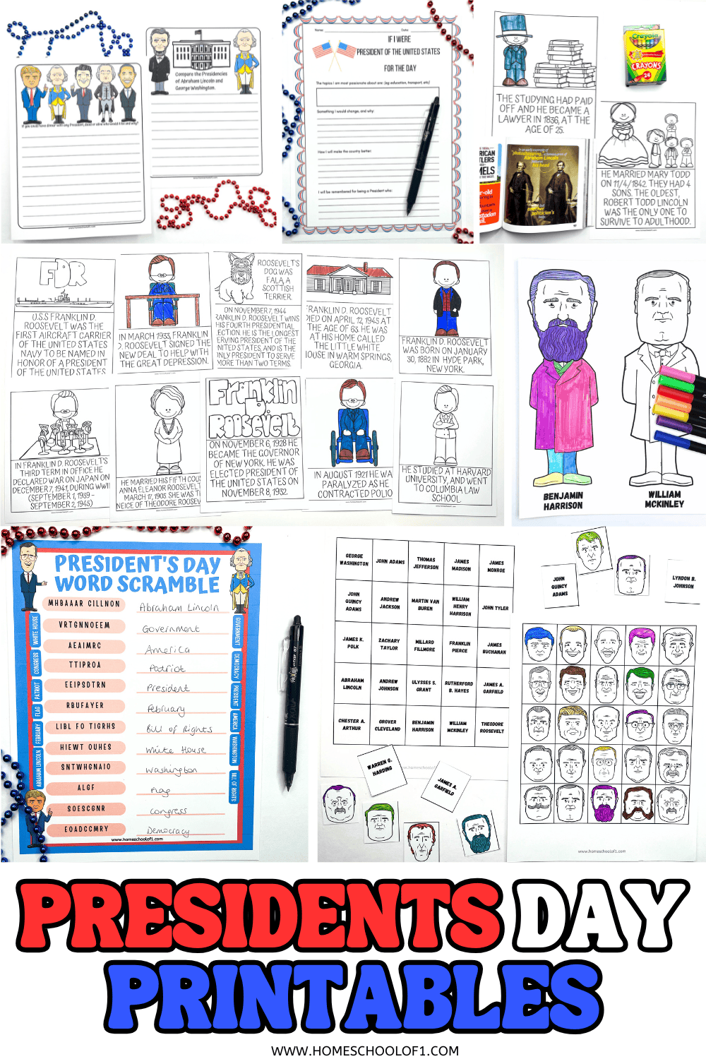 A collection of Presidents Day printable activities, including writing prompts, word scrambles, coloring pages, and matching games for kids.