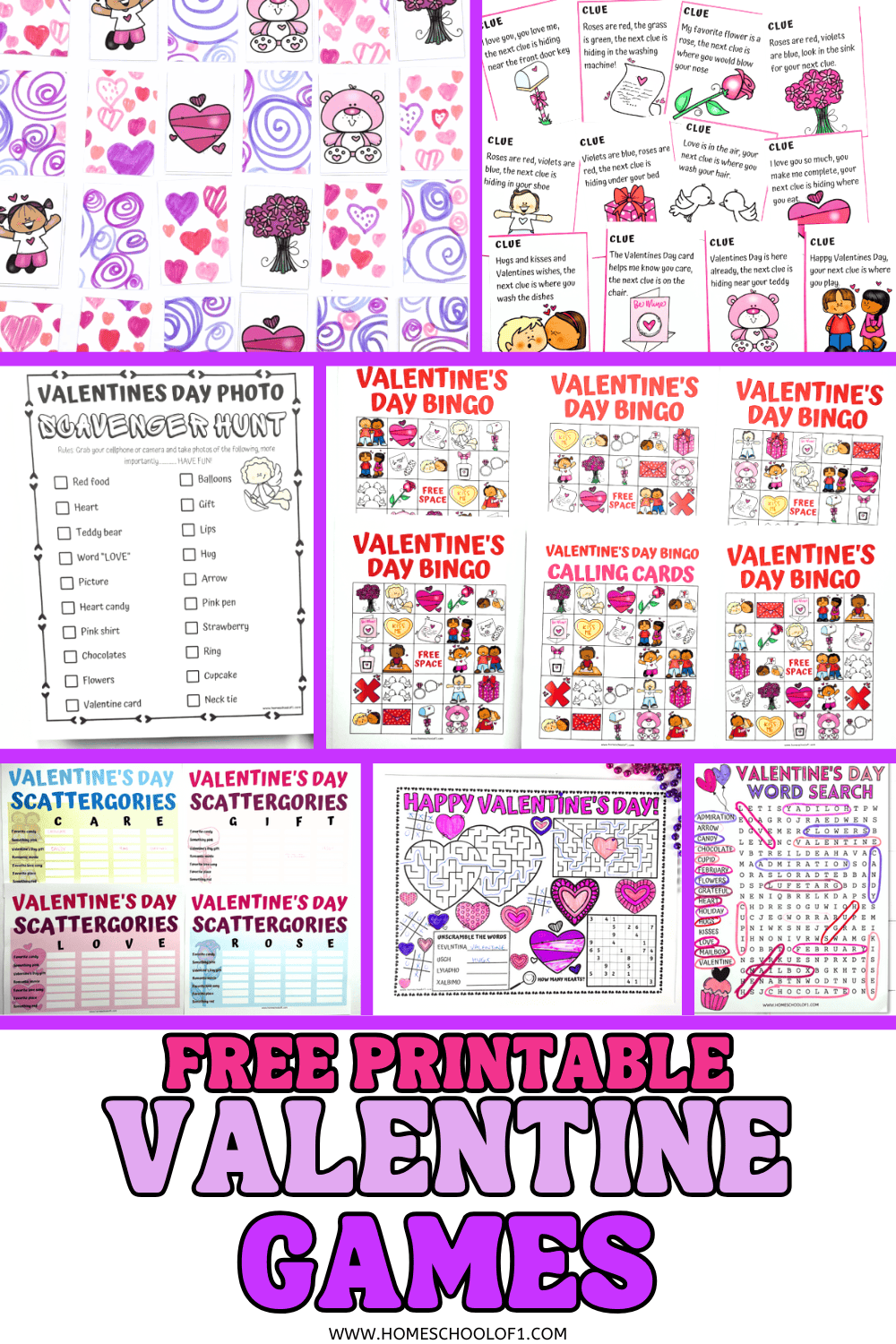 Collage of free printable Valentine games for kids including bingo cards, scavenger hunts, scattergories, word searches, and matching games.