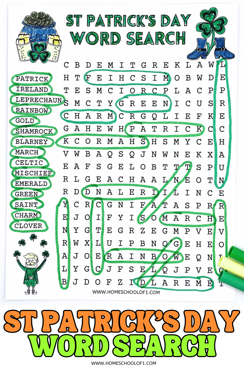 St Patrickโs Day word search printable for kids with shamrocks, leprechaun, rainbow, and holiday-themed vocabulary words circled in green.