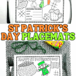 Two St Patrickโs Day activity placemats on a table with forks and knives, featuring mazes, word scrambles, tic tac toe, shamrocks, rainbows, and a leprechaun.