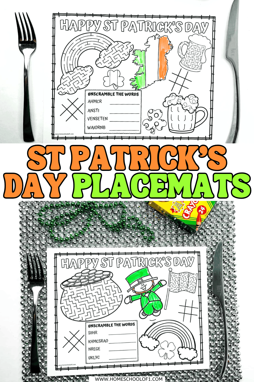 Two St Patrickโs Day activity placemats on a table with forks and knives, featuring mazes, word scrambles, tic tac toe, shamrocks, rainbows, and a leprechaun.