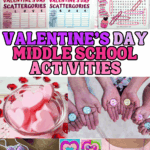 Valentine’s Day middle school activities collage featuring Scattergories, word search puzzles, heart crafts, soaps, and hands-on classroom ideas.