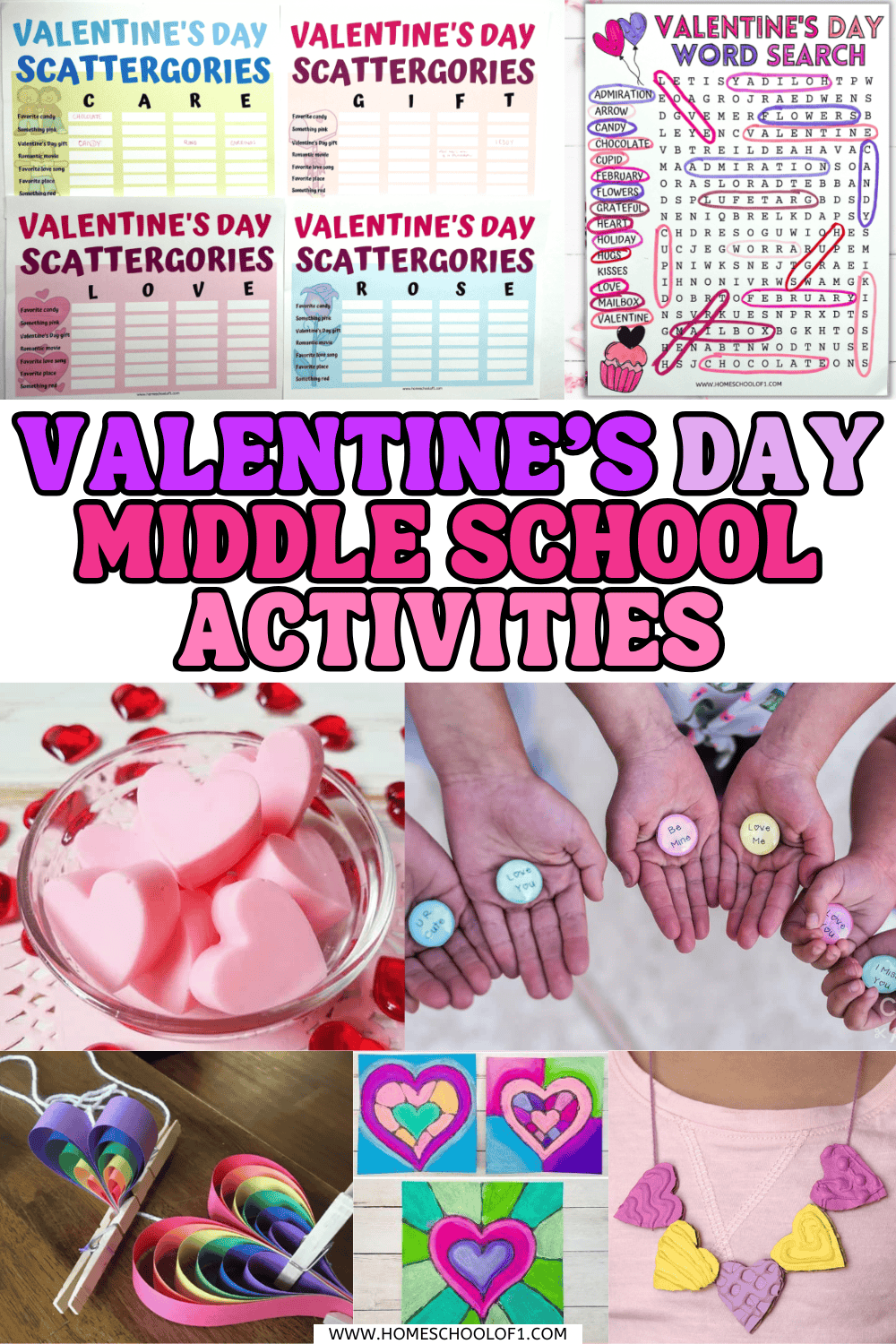 Valentine’s Day middle school activities collage featuring Scattergories, word search puzzles, heart crafts, soaps, and hands-on classroom ideas.