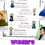 Womenโs History Month word scramble printable featuring historical women like Jane Goodall, Mary Anning, Caroline Herschel, and Rosalind Franklin with picture clues.