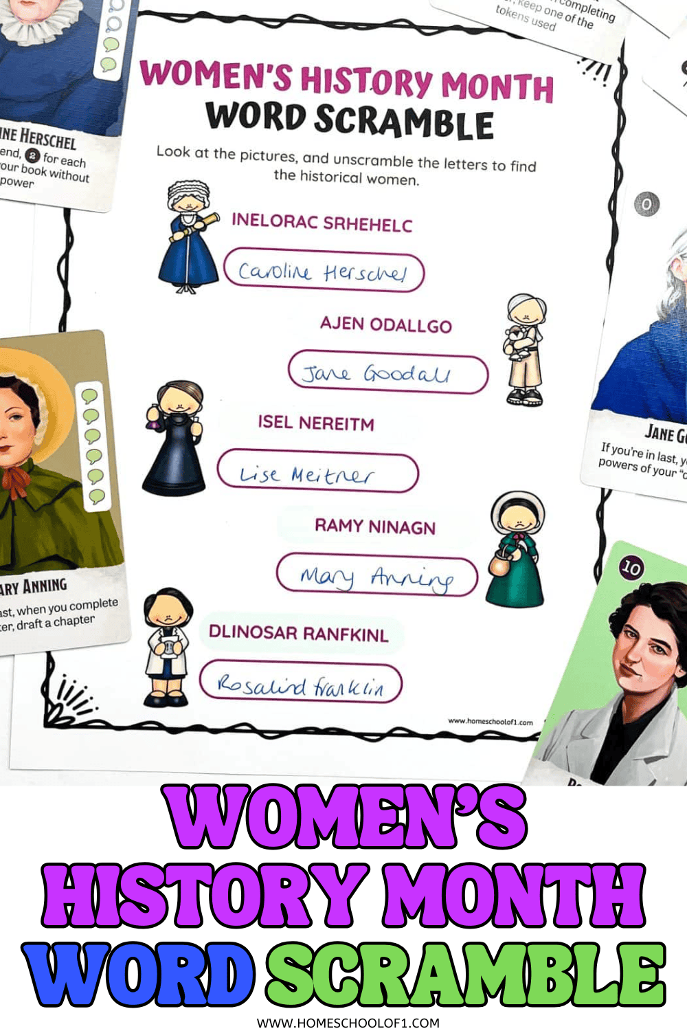 Womenโs History Month word scramble printable featuring historical women like Jane Goodall, Mary Anning, Caroline Herschel, and Rosalind Franklin with picture clues.