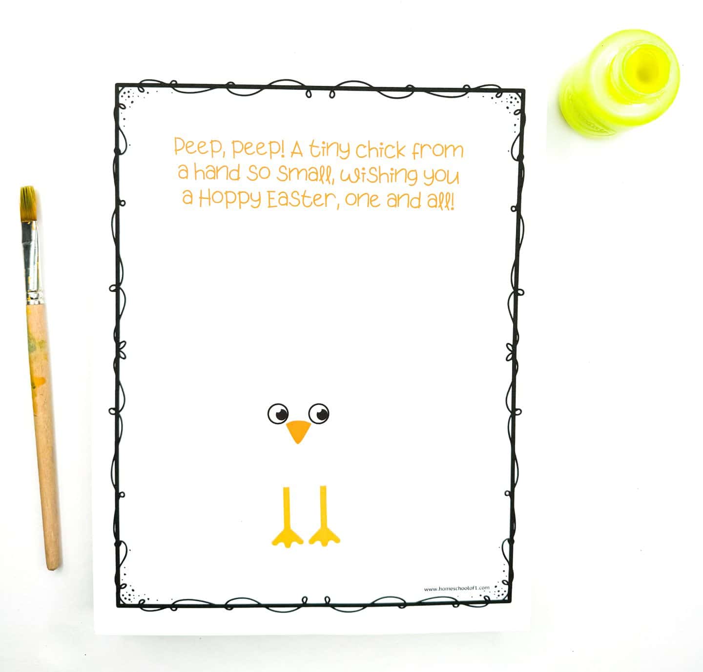 Easter chick handprint art template with a poem at the top in orange that reads, “Peep, peep! A tiny chick from a hand so small, wishing you a Hoppy Easter, one and all!” The page features cartoon chick eyes, beak, and yellow feet, with space above for kids to add a yellow handprint body. A paintbrush and yellow paint are placed beside the template, ready for crafting.