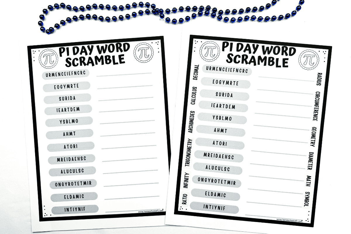Pi Day word scramble printable