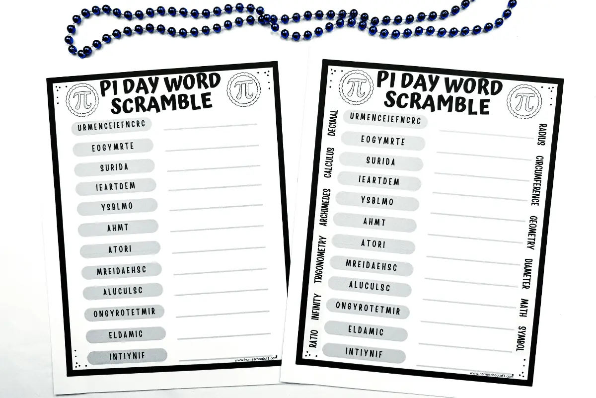 Pi Day word scramble printable