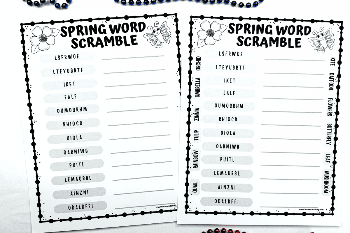 Two black-and-white printable Spring Word Scramble worksheets feature scrambled words in the left column with blank lines on the right for answers. Decorative floral accents appear in the top corners, and the right worksheet includes a vertical word bank listing answers like kite, daffodil, and mushroom. The layout is clean and designed for a fun, seasonal educational activity.