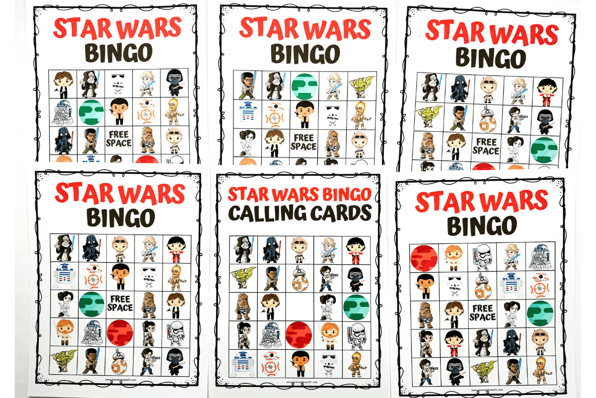 A 6-card layout of printable Star Wars Bingo boards, including one labeled "Star Wars Bingo Calling Cards." Each card features a 5x5 grid with cartoon-style characters like Yoda, Darth Vader, Rey, and BB-8, along with colorful planet icons and a “Free Space” square.