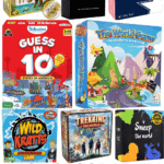 Collage of colorful geography board games for kids including Trekking the National Parks, The World Game, Guess in 10, Wild Kratts, and more, with bold title text “Best Geography Board Games.”