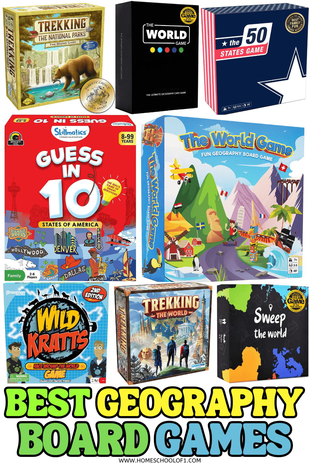 Collage of colorful geography board games for kids including Trekking the National Parks, The World Game, Guess in 10, Wild Kratts, and more, with bold title text “Best Geography Board Games.”

