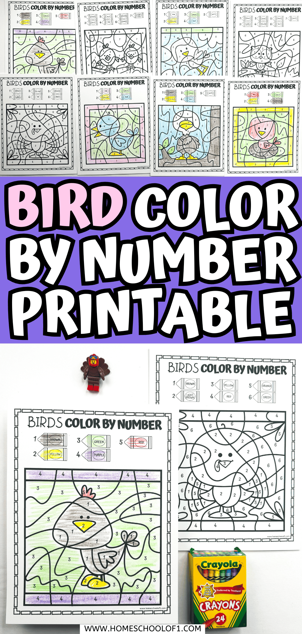 Colorful collage-style image showing several "Birds Color by Number" printable worksheets. Each sheet features a cartoon bird illustration with numbered sections corresponding to colors like yellow, green, purple, and red, along with a completed colored version. A bold title in black and pink letters reads "Bird Color By Number Printable," and a Crayola crayon box and a LEGO minifigure are also included in the scene for added color and fun.

