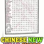 Chinese New Year word search printable with 20 themed vocabulary words circled on a black-and-white worksheet.
