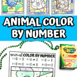 Animal color by number pages including bear, pig, cat, and bird designs, perfect for preschool and kindergarten learners.