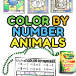 Printable color by number animals worksheets for kids with completed pages of a bird, pig, and bear, alongside Crayola crayons.