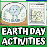 Earth Day activities for preschool featuring printable bingo, I Spy, color-by-number, and paper crafts for early learners.