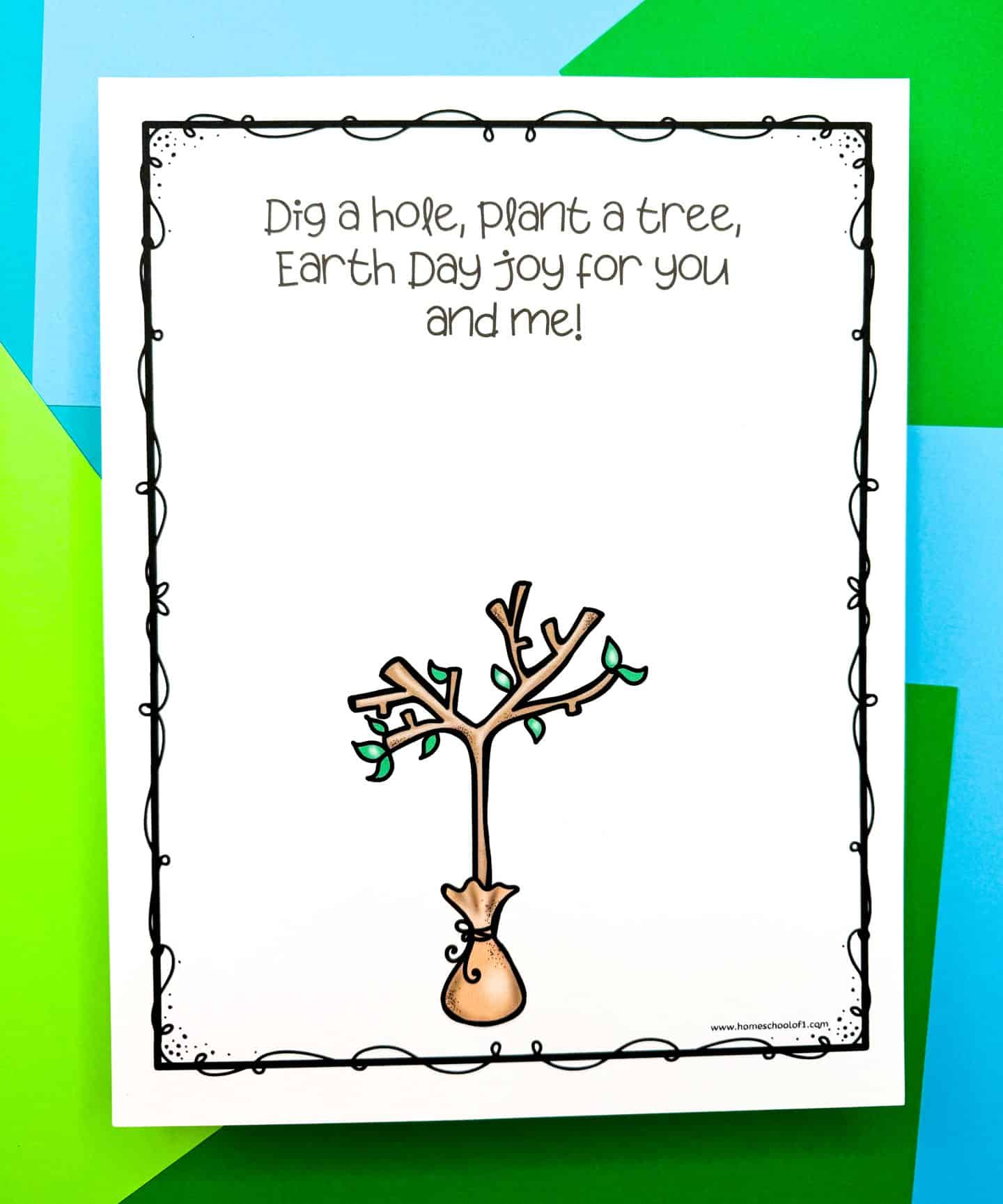 Earth Day handprint art template featuring a small tree with bare branches and a burlap-wrapped base, with the phrase “Dig a hole, plant a tree, Earth Day joy for you and me!” at the top. The printable has a whimsical black border and is placed on a colorful blue and green background, ready for kids to add green handprints as leaves.

