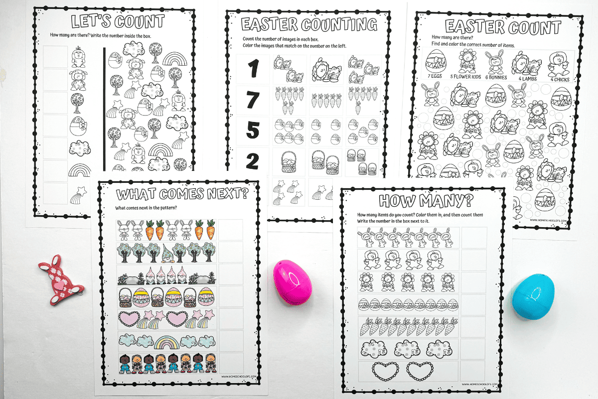 Five black and white Easter-themed math worksheets for preschoolers displayed on a white background with a pink bunny figure and two colorful Easter eggs. The pages feature counting, number tracing, and matching activities using illustrations of Easter eggs, chicks, bunnies, and spring objects to make early math learning engaging and festive.