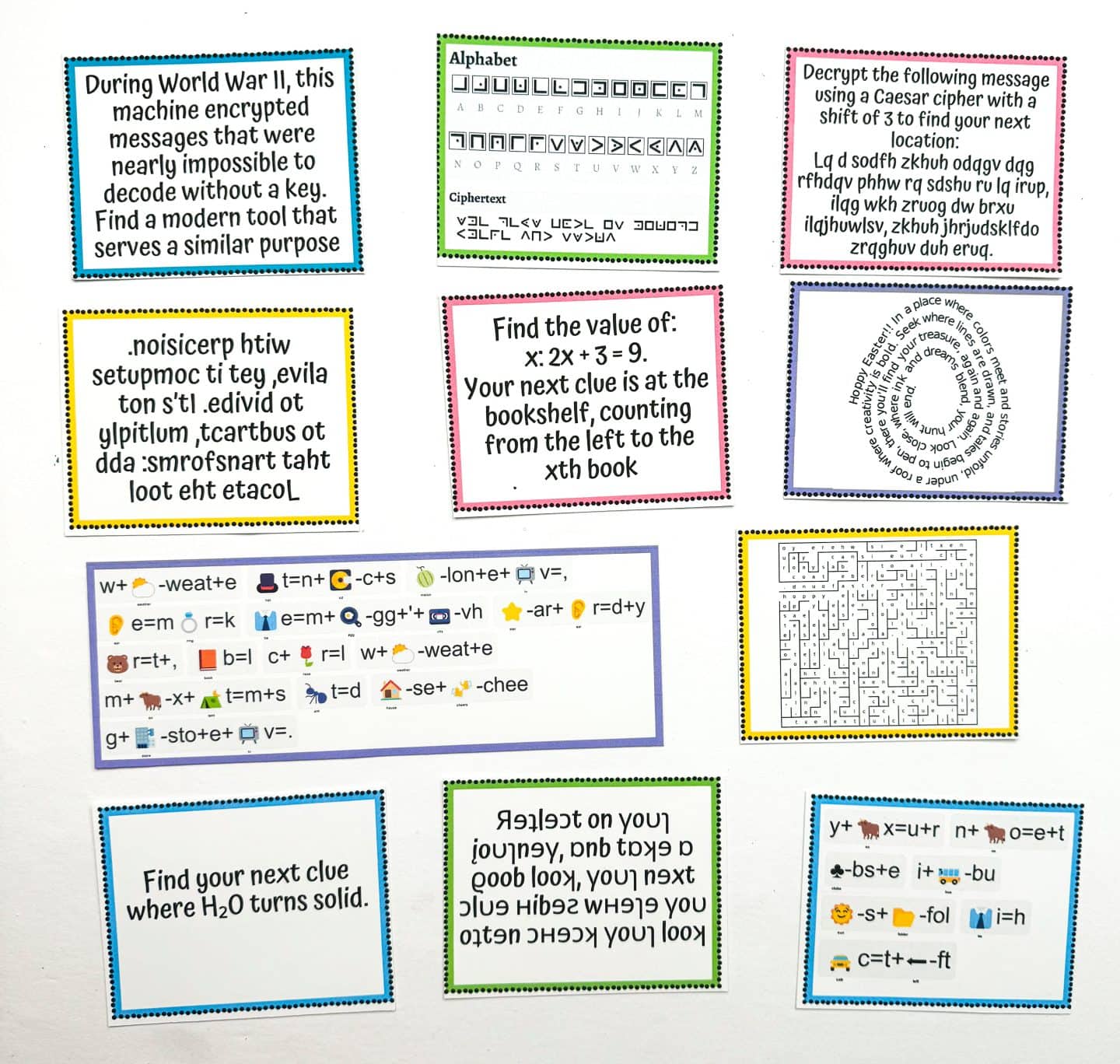 Set of printable Easter egg hunt clues for teens, featuring logic puzzles, riddles, math problems, ciphers, and emoji-style code breaking challenges. The clues include mirrored text, a Caesar cipher message, an alphabet cipher key, a math equation, a maze, and clues involving historical references and science concepts like H?O. Designed for older kids or teenagers, the clues add an educational and interactive twist to a traditional Easter egg hunt.