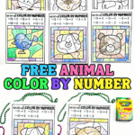 Free animal color by number worksheets for kids featuring a rabbit, cat, pig, bear, dog, and more with colorful completed examples.