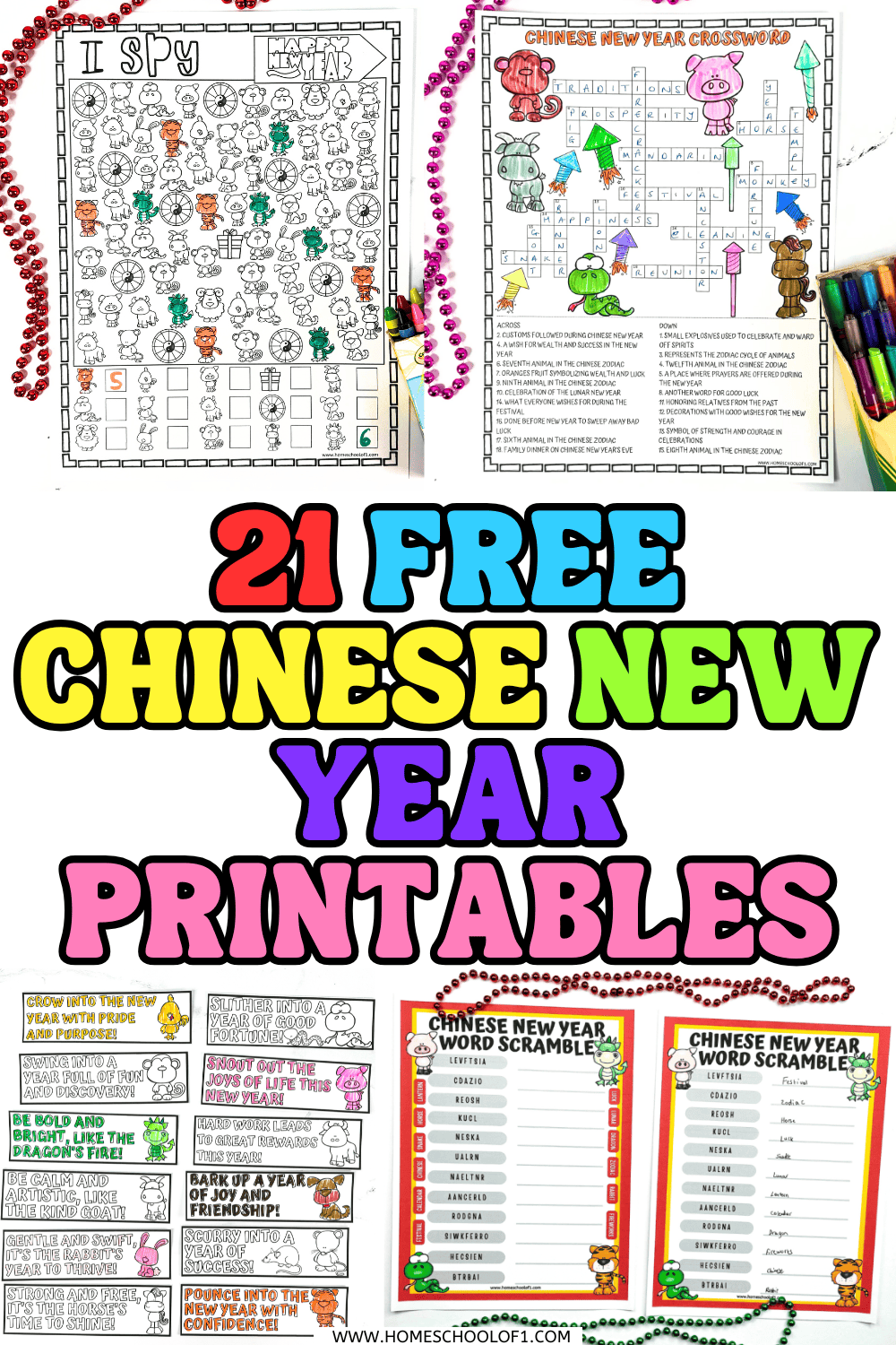 “Collage of free Chinese New Year printables for kids, including I Spy, crossword, bookmarks, and word scrambles.